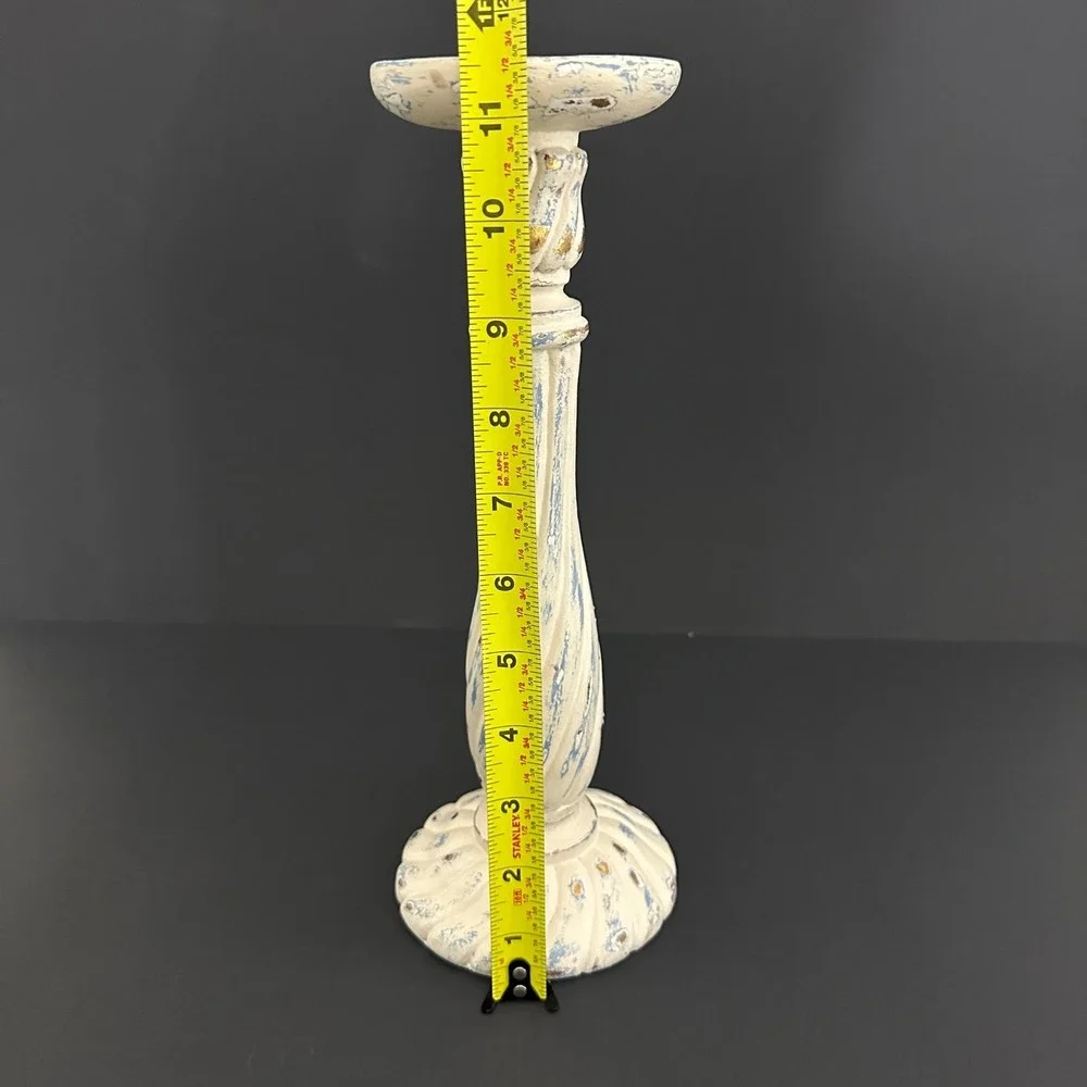 Distressed White Blue Gold Spiral Twisted Candlestick Holder Shabby Chic 12